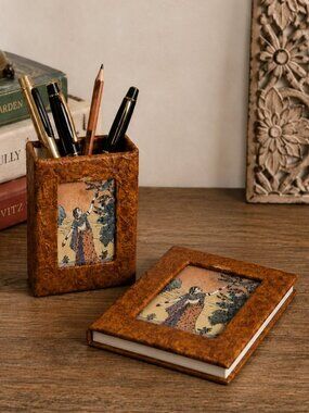 Handmade Rajasthan India Papier Mâché Pen Holder & Decorative Book Box Set Boho